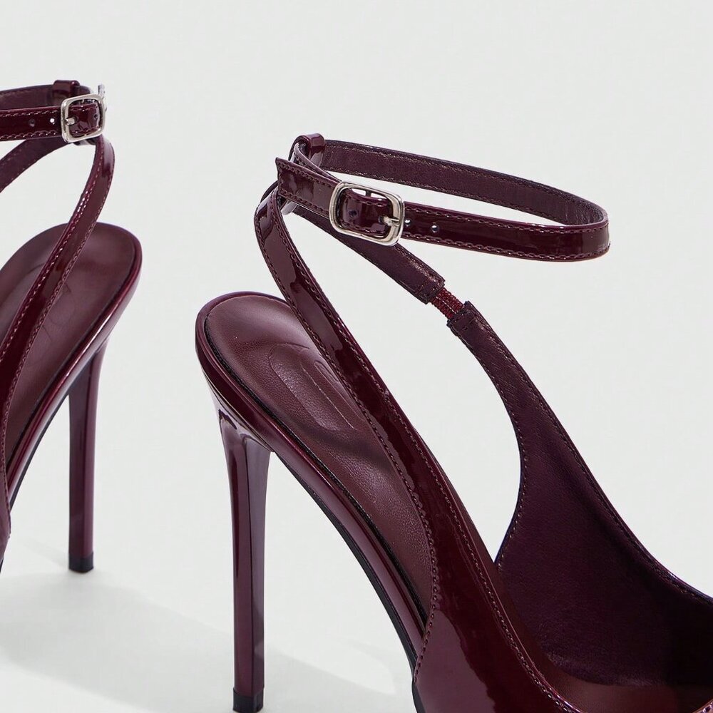 Burgundy Sexy Women's Pointed Toe Stiletto High Heel Ankle Strap Backless Pumps - Picture 8 of 10